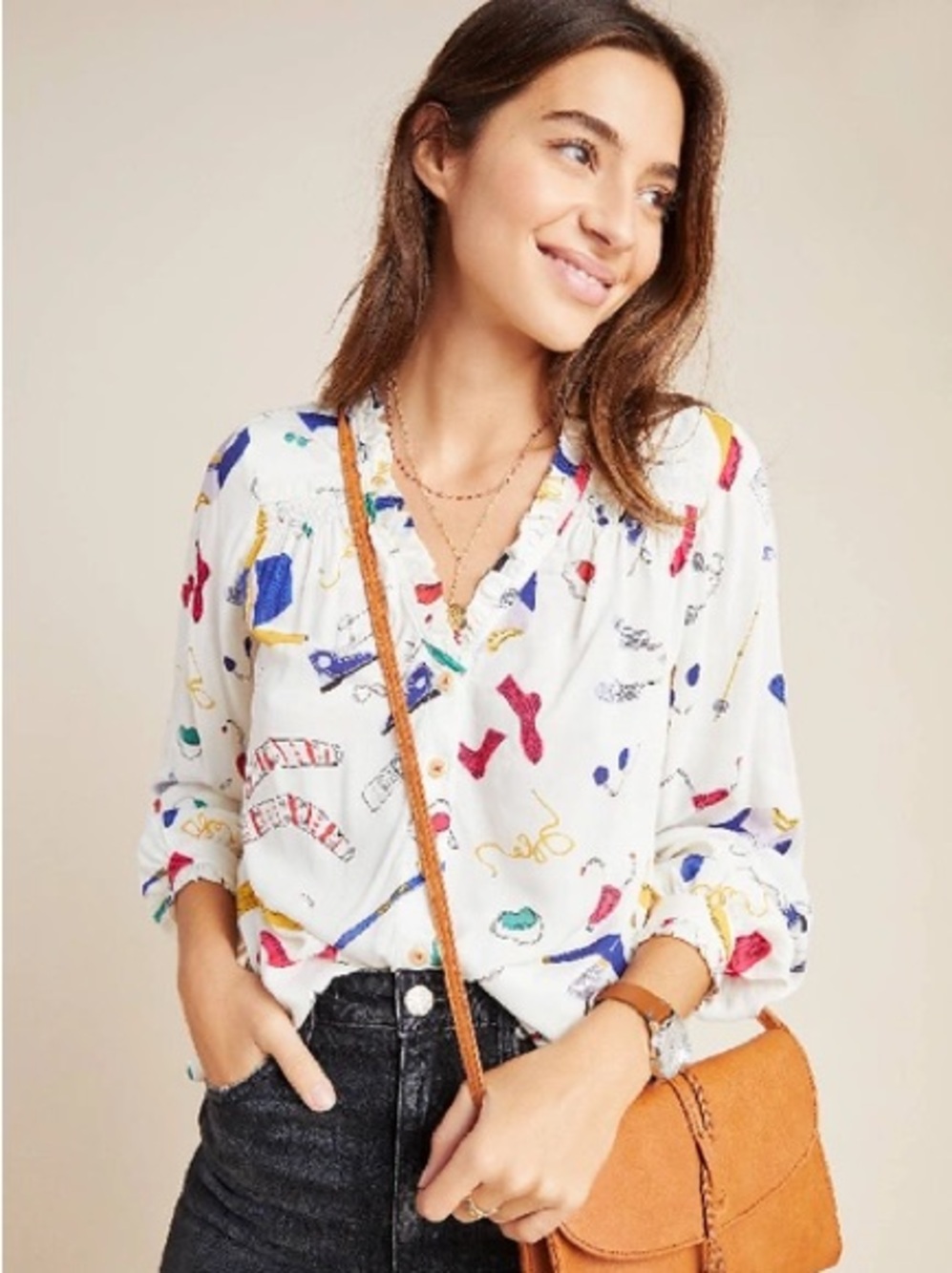 Maeve Anthropologie Printed Blouse Size 10 Whimsical Novelty Button Front Quirky